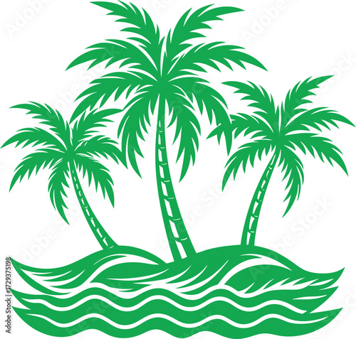 Tropical island paradise three lush green palm trees swaying on wavy ocean waters vector