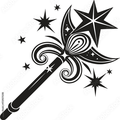 Vintage magic wand sparkle star design antique enchanted tool symbol vector