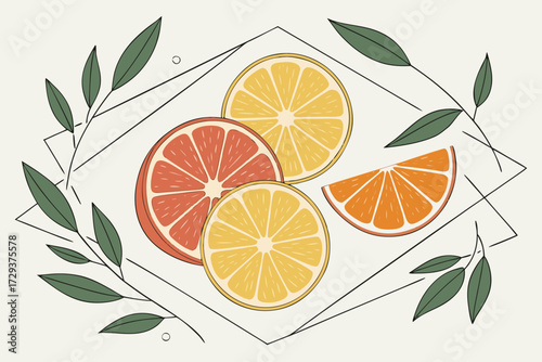 citrus fruits,fresh fruit,orange,lemon,leaves,natural,vibrant,minimal,geometric,conceptual,arrangement,still life,artistic,clean background