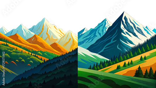 Alps mountains in Switzerland, snowy peaks, glaciers, alpine meadows, natural landscape, hiking destination, and famous European travel attraction illustration.