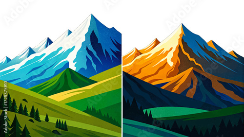 vector Alps mountains in Switzerland, snowy peaks, glaciers, alpine meadows, natural landscape, hiking destination, and famous European travel attraction illustration.