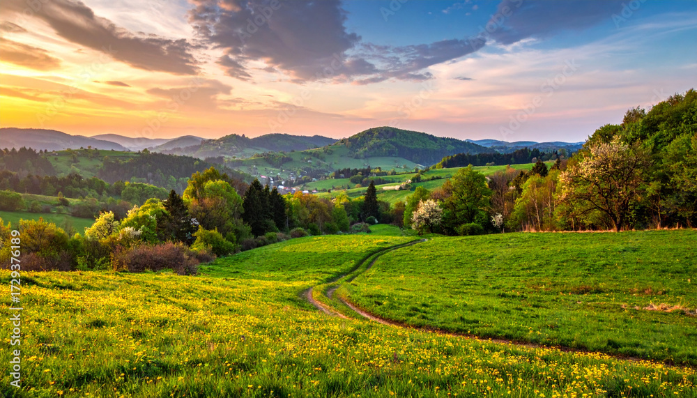 Fototapeta premium Idyllic evening panorama of rolling green hills and a winding path through the tranquil countryside, bathed in the soft glow of a colorful sunset