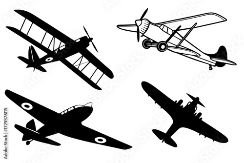 Four different types of airplanes including a biplane and a fighter plane in black and white drawing silhouette