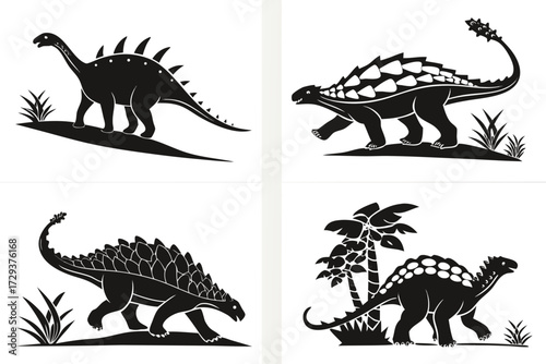 Four panels featuring silhouettes of dinosaurs including stegosaurus and ankylosaurus with vegetation design