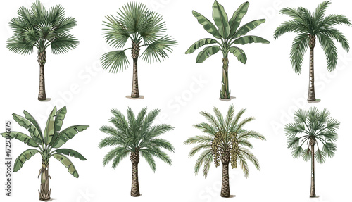 Tropical tree illustration set, palm and banana species, foliage diversity, botanical vector, editable nature icons, landscape design, exotic plant graphic