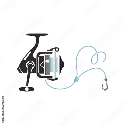 Stylized vector illustration of a spinning fishing reel with a line and hook, symbolizing the sport and recreational hobby of angling