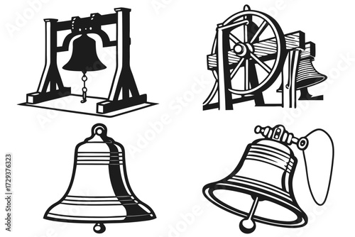 Illustration featuring four different bell designs in black and white line art style presentation format silhouette