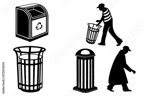 Illustration of various trash containers and silhouettes of people disposing of trash in black and white