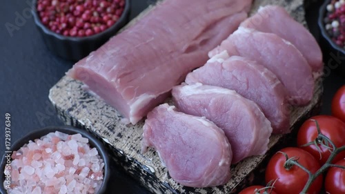 Raw pork tenderloin, sliced, is fresh meat, a source of protein, and an ingredient for a hearty meal. Pork tenderloin as a food backdrop for your design.