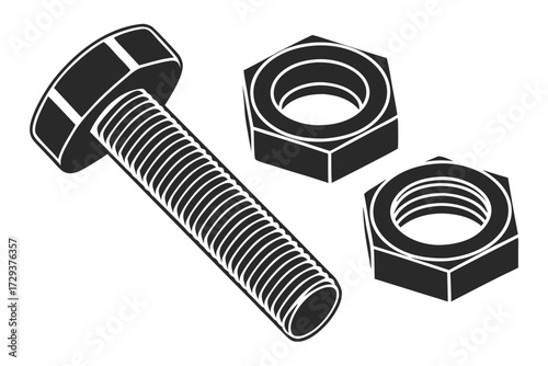 Isometric view of a bolt with a round head and two hexagonal nuts in black and white illustration silhouette