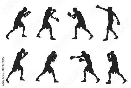 Silhouette illustrations of boxers in various stances and action poses against a white background image view