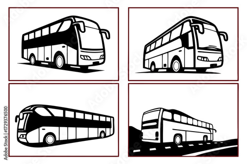 Four framed illustrations showcasing a bus design from different angles in black and white outline style silhouette