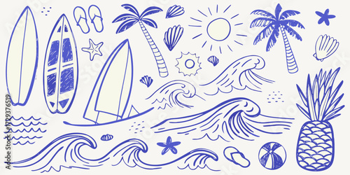 Collection of hand drawn beach and surf doodles including surfboards palm trees waves sun shells and pineapple