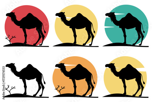 Silhouetted camels standing on dunes against colorful circular backgrounds in a repeating pattern design