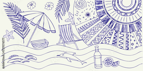 Whimsical hand drawn doodle of a beach scene with a sun umbrella deck chair and ocean waves