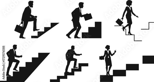 Business people climbing stairs, moving up and down to success, symbolizing career growth, challenge, and opportunity in a corporate world