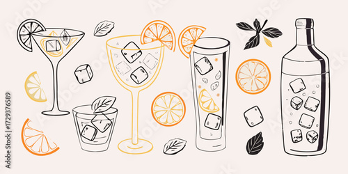 Hand drawn sketch of refreshing citrus cocktails with ice and orange slices in various glasses and a bottle
