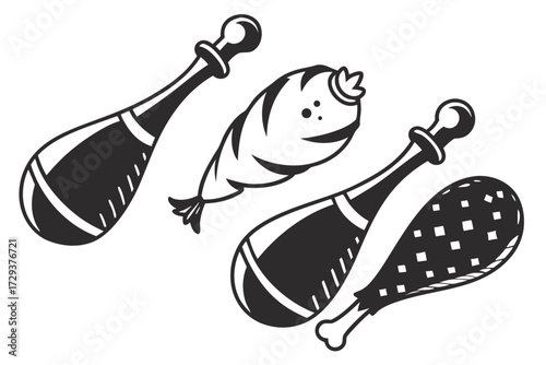 Illustration of two stylized maracas, a stylized shrimp and a stylized drumstick in black and white silhouette