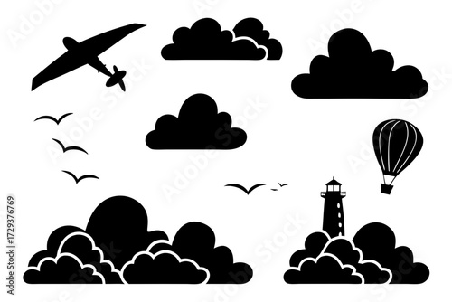 Silhouette of airplane, birds, clouds, lighthouse, and hot air balloon against a white background sky view