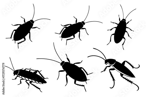 Illustration showcasing a group of six black cockroach silhouettes scattered across a white isolated background