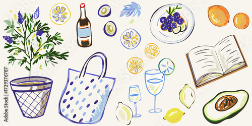 A charming watercolor illustration of summer picnic essentials including fruit drinks and a book