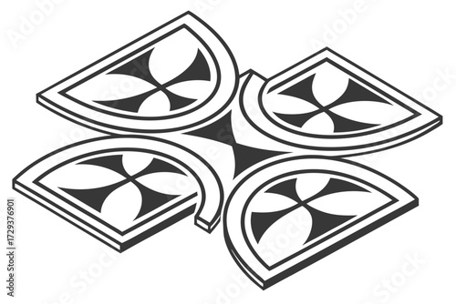 Isometric arrangement of four quadrant shapes each containing a cross design in black and white color scheme silhouette