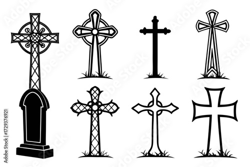 Illustration of various black and white crosses and tombstones with different designs and styles shown silhouette