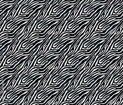 A diagonal black and white seamless abstract pattern featuring wavy lines and organic shapes, creating a fluid and dynamic design.