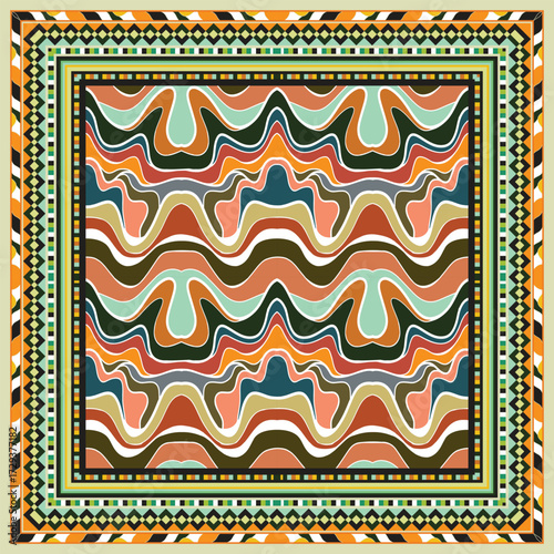 Abstract square scarf design, wavy pattern in earthy tones, framed with geometric borders in contrasting colors, creating a vibrant, rhythmic design.

