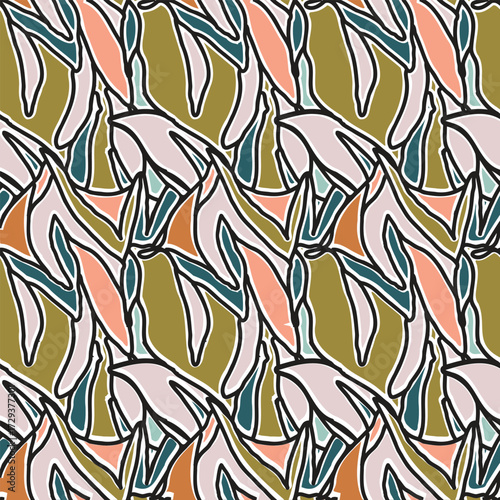 Abstract flowing shapes repeating pattern, in soft pink, orange, teal, and green an olive background

