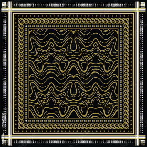 Decorative golden frame scarf design with a flowing and waving print pattern, displayed on a black background for a bold and sophisticated look.