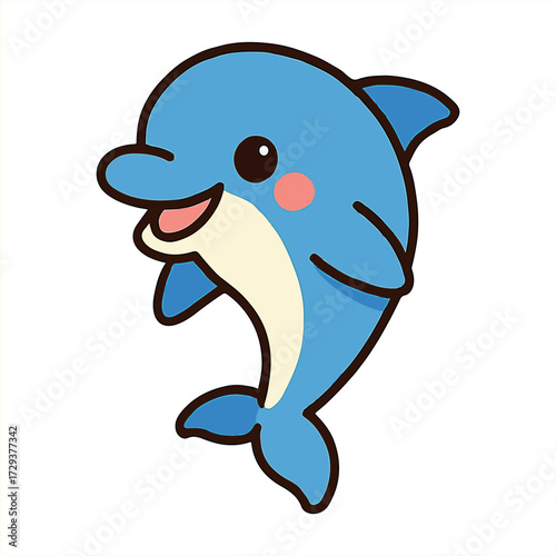 A funny blue cartoon illustration of a smiling baby Dolphin character drawing isolated in the sea.