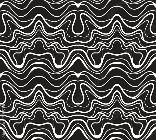 A diagonal black and white seamless abstract pattern featuring wavy lines and organic shapes, creating a fluid and dynamic design.