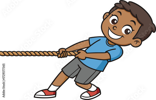 Vector art of a happy cartoon boy pulling a rope