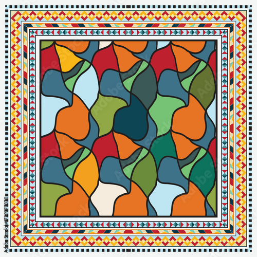 A abstract square scarf pattern, vibrant colorful, waving line  shapes in various sizes and colors