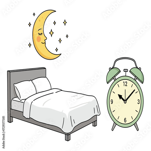 Sleep and morning routine vector icon set. Cartoon illustrations of a bed, sleeping moon, and retro alarm clock.
