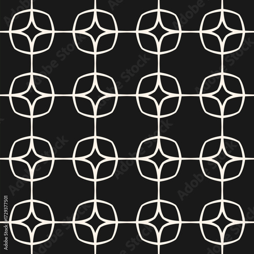 Black and white vector ornament. Abstract geometric seamless pattern with lattice, grid, lines, diamonds, tiles. Simple minimal monochrome background texture. Dark repeating design for decor, covering