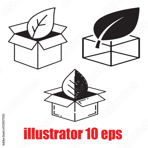 Set of eco-friendly packaging vector icons. Leaf in a box symbol for sustainable, organic, and biodegradable products.