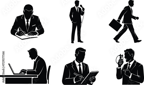 Collection of business professional silhouettes, showing men working at a desk, with a laptop, or walking, ideal for corporate designs