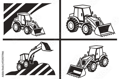 Construction equipment vector illustration featuring backhoe loader excavator tractors in black and white art 100 silhouette