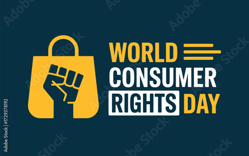 World Consumer Rights Day graphic with shopping bag and raised fist symbol