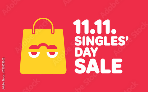 Excited shopping bag with funny face celebrates 11.11 Singles' Day sale event