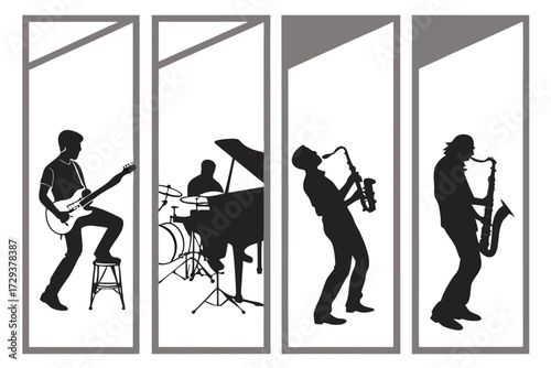 Jazz music band silhouette vector art featuring guitar piano drums and saxophone players in concert performance