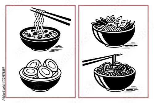Delicious ramen noodle bowls with chopsticks vector illustration asian cuisine japanese food culinary art design silhouette