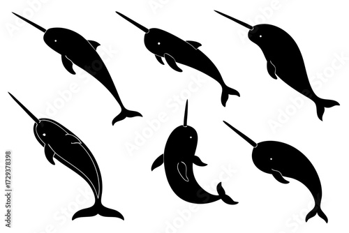 Narwhal vector illustration set, arctic whale with tusk, marine animal silhouette, isolated black and white art