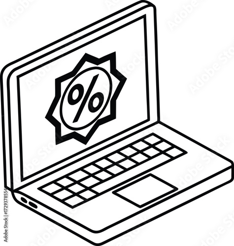 Vector art of black and white illustration of a laptop computer displaying a percentage sign on its screen