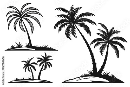 Palm tree silhouette vector illustration tropical island design summer vacation paradise beach scene graphic art