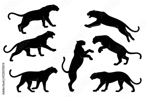 Black panther silhouette vector set, wildlife animal illustration, jaguar, puma, wildcat, predator graphic design