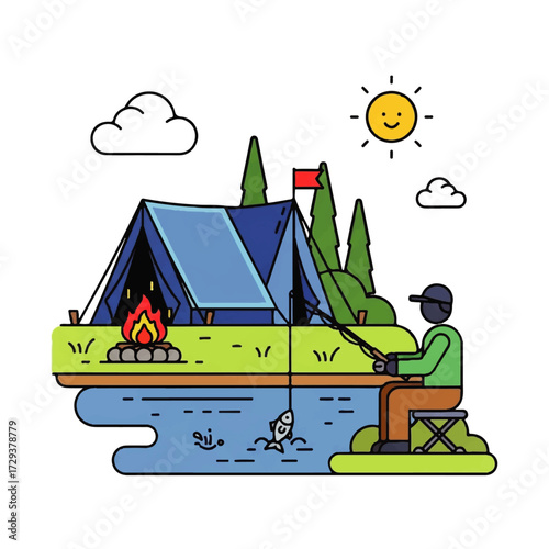 Relaxing camping adventure with fishing by the lake under the cheerful sun, perfect for a peaceful outdoor getaway and nature immersion