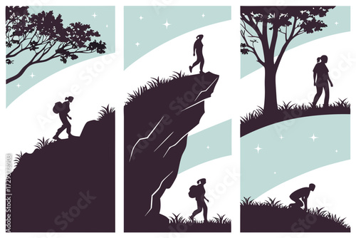 Hiking backpacking adventure journey through nature landscape silhouette vector illustration outdoor scene